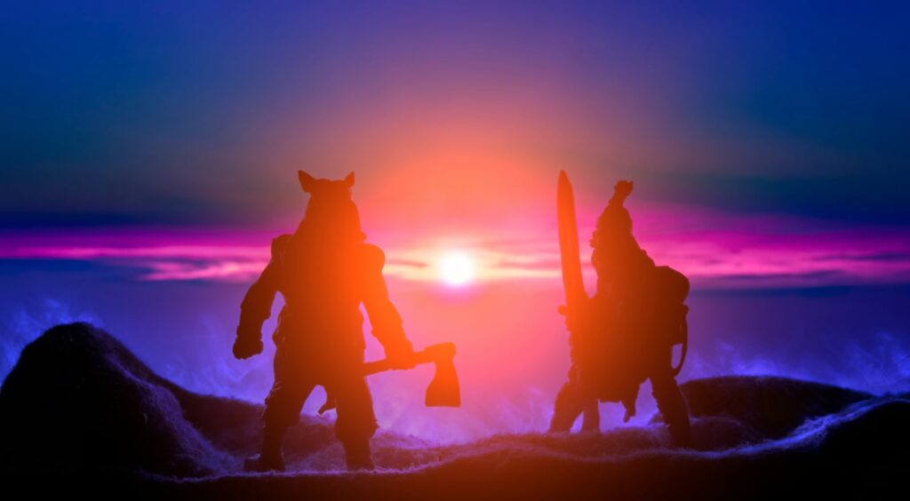 Figurines de barbares devant coucher de soleil
